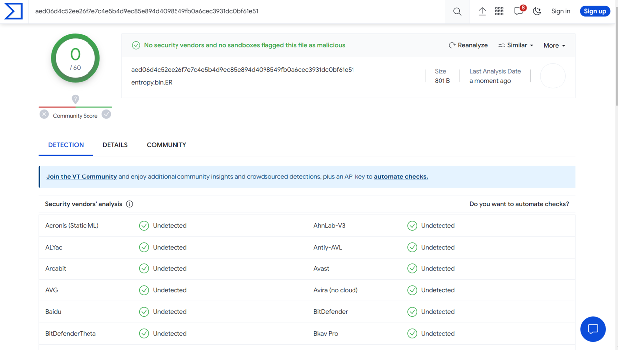 Результаты проверки на VirusTotal