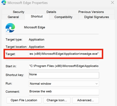 Файл со ссылкой на Microsoft Edge в стандартной установке Windows
