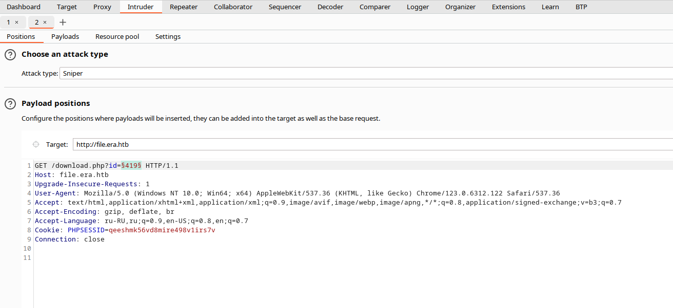 Burp Intruder — вкладка Positions