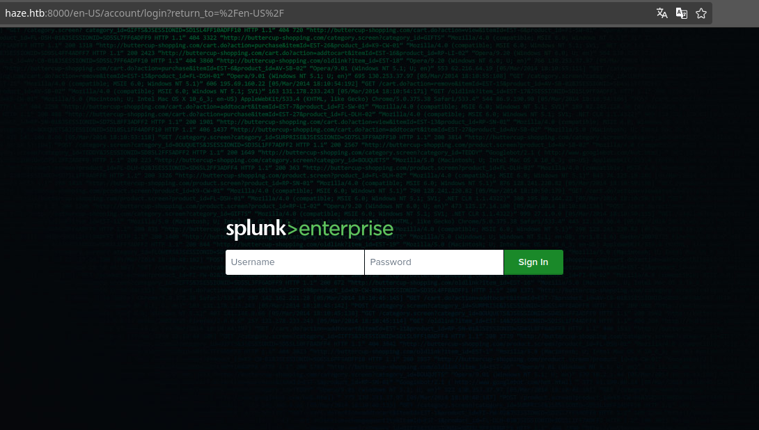 Страница авторизации Splunk