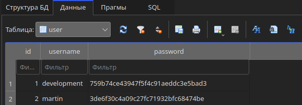 Содержимое таблицы user