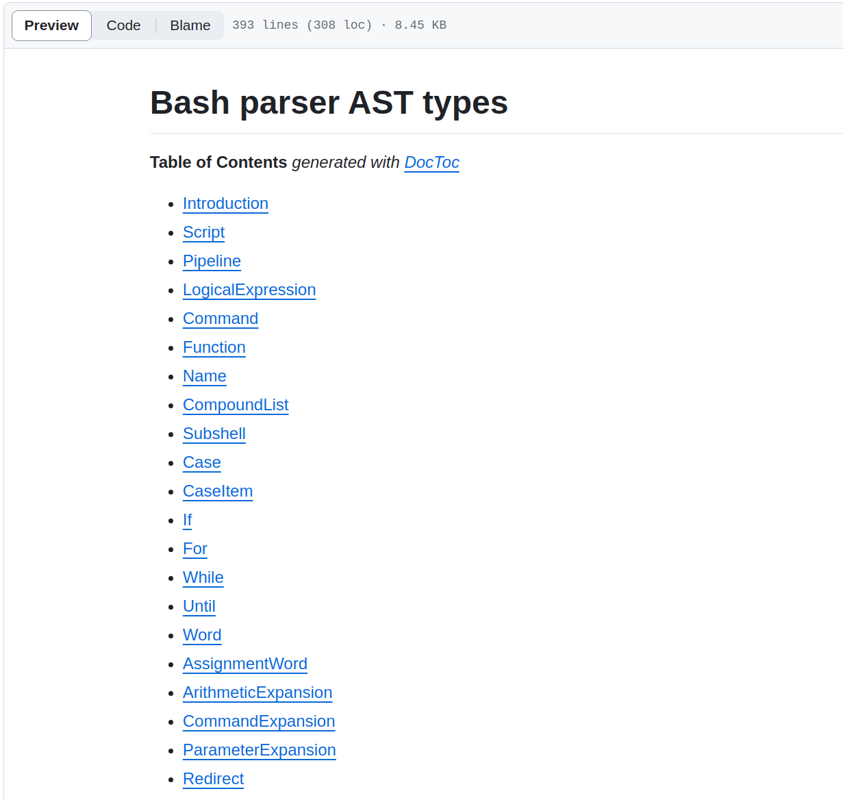 Documentation showing different AST types