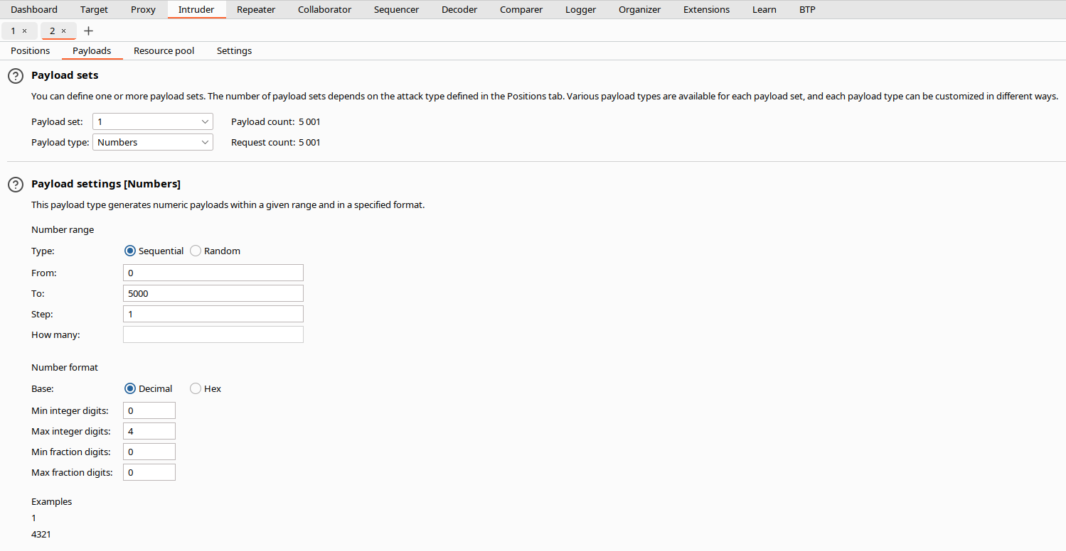 Burp Intruder — вкладка Payloads