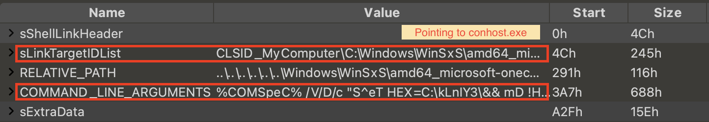 Пример вредоносного LNK, использующего conhost.exe