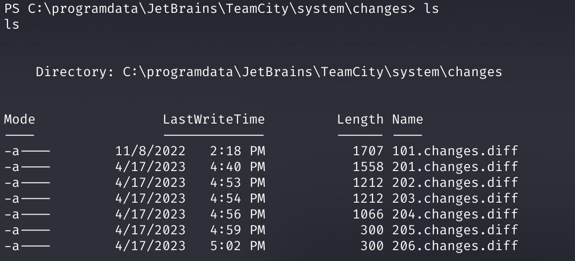 Содержимое каталога C:\programdata\JetBrains\TeamCity\system\changes