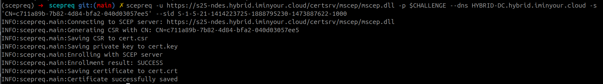 SCEP enrollment success