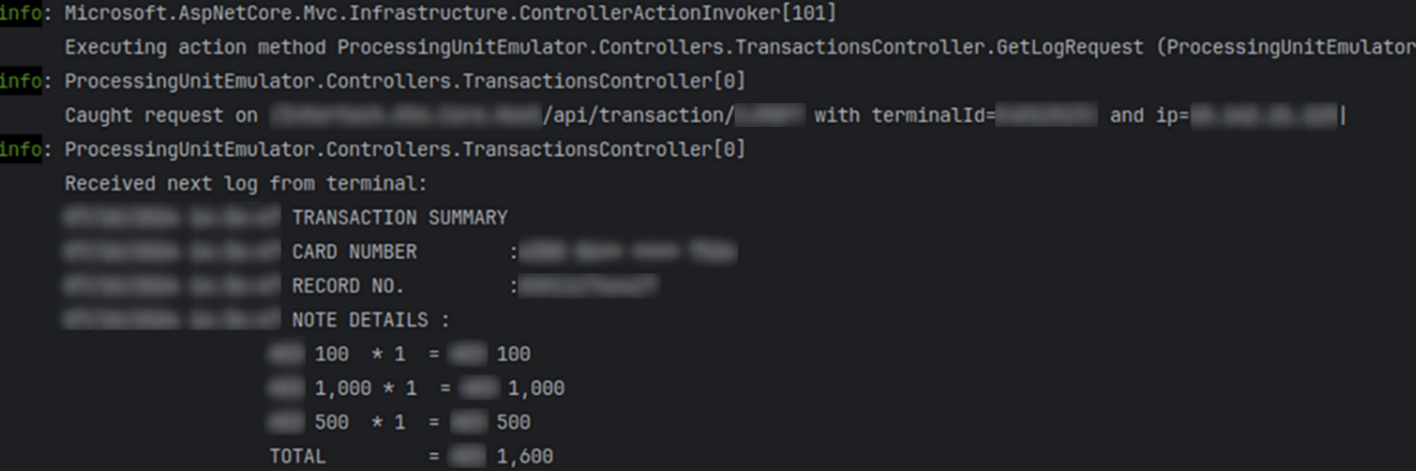 Результат выполнения запроса на выдачу денег в логах эмулятора
