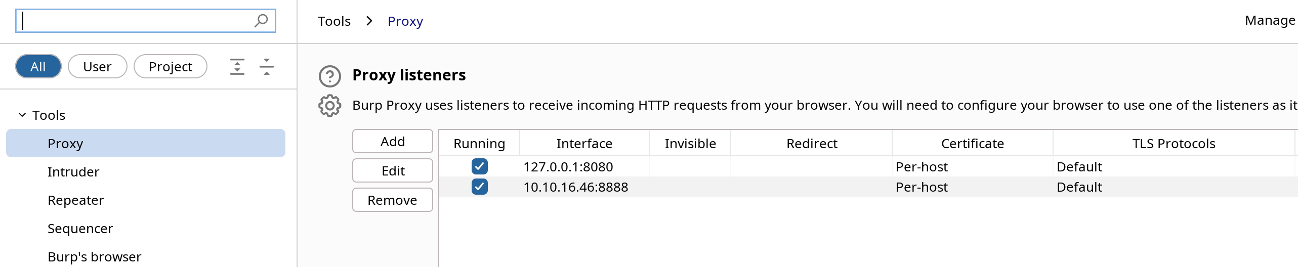 Настройки Burp — листенеры Proxy