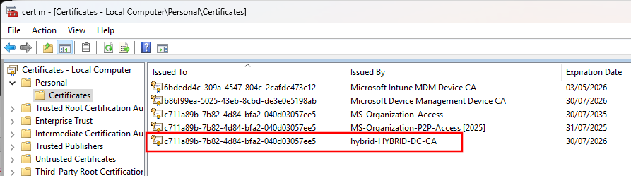 Certificate in the computer certificate store