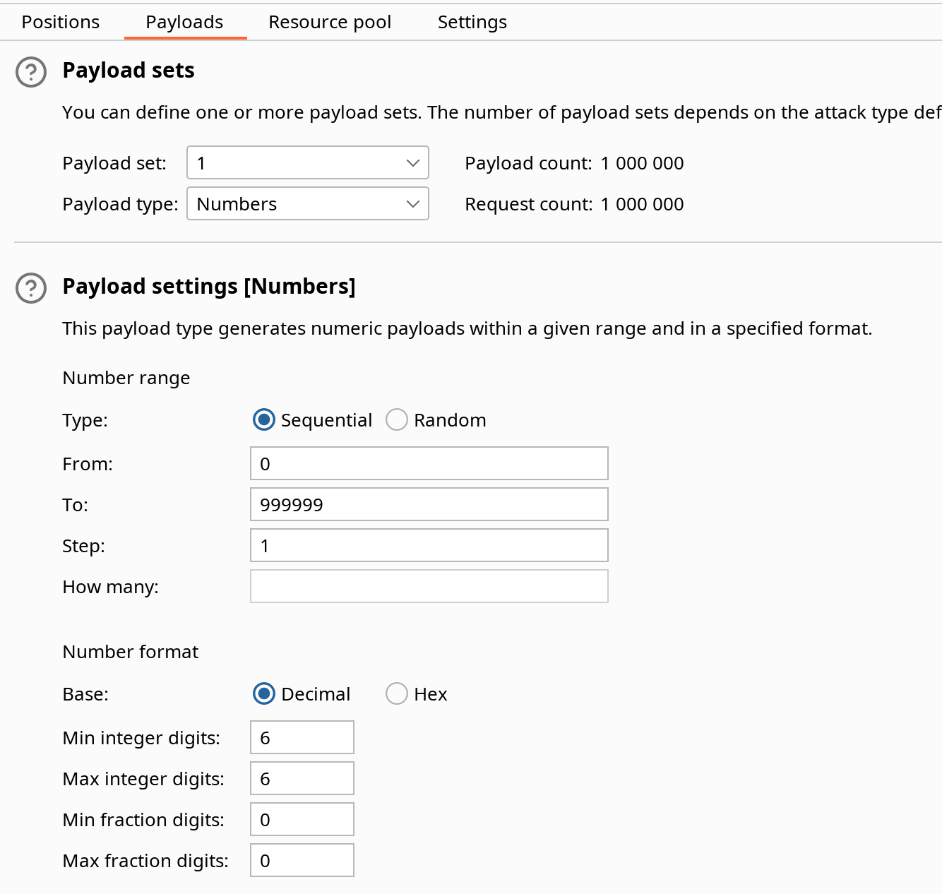 Burp Intruder — вкладка Payloads
