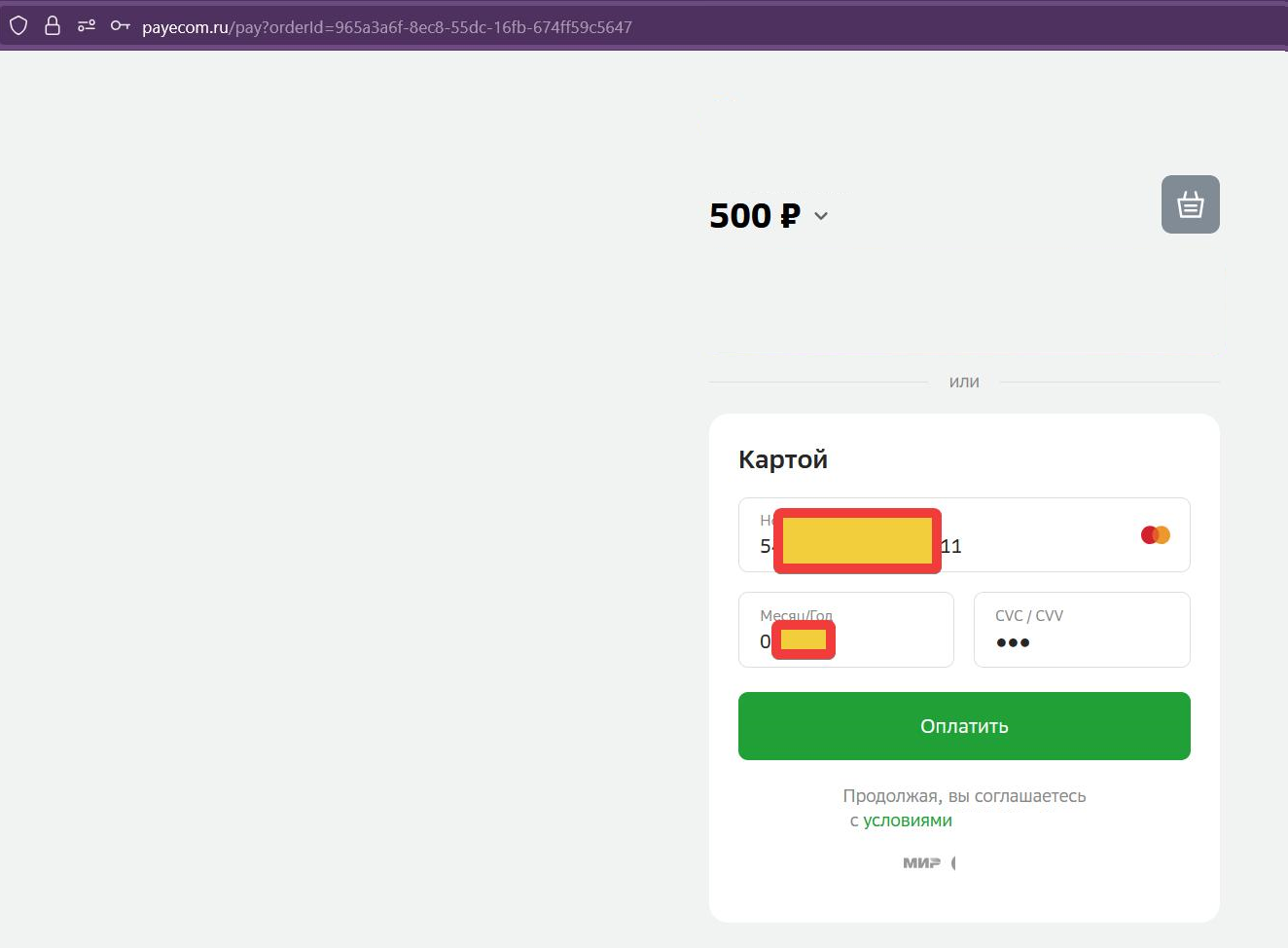 Ввод данных карты Ввод данных карты
